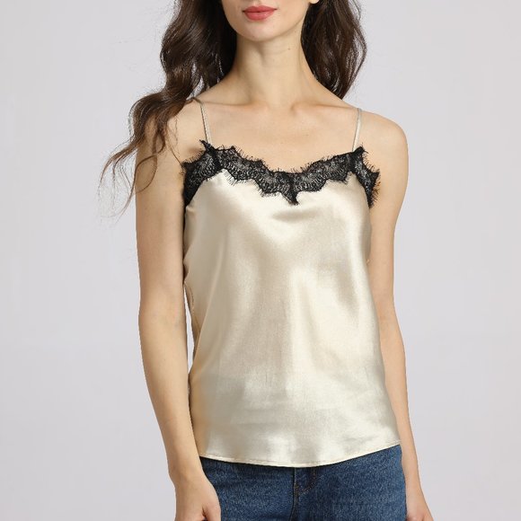 Silk Cami Beige 100% Silk Camisole Lace Tank Top - Picture 2 of 8